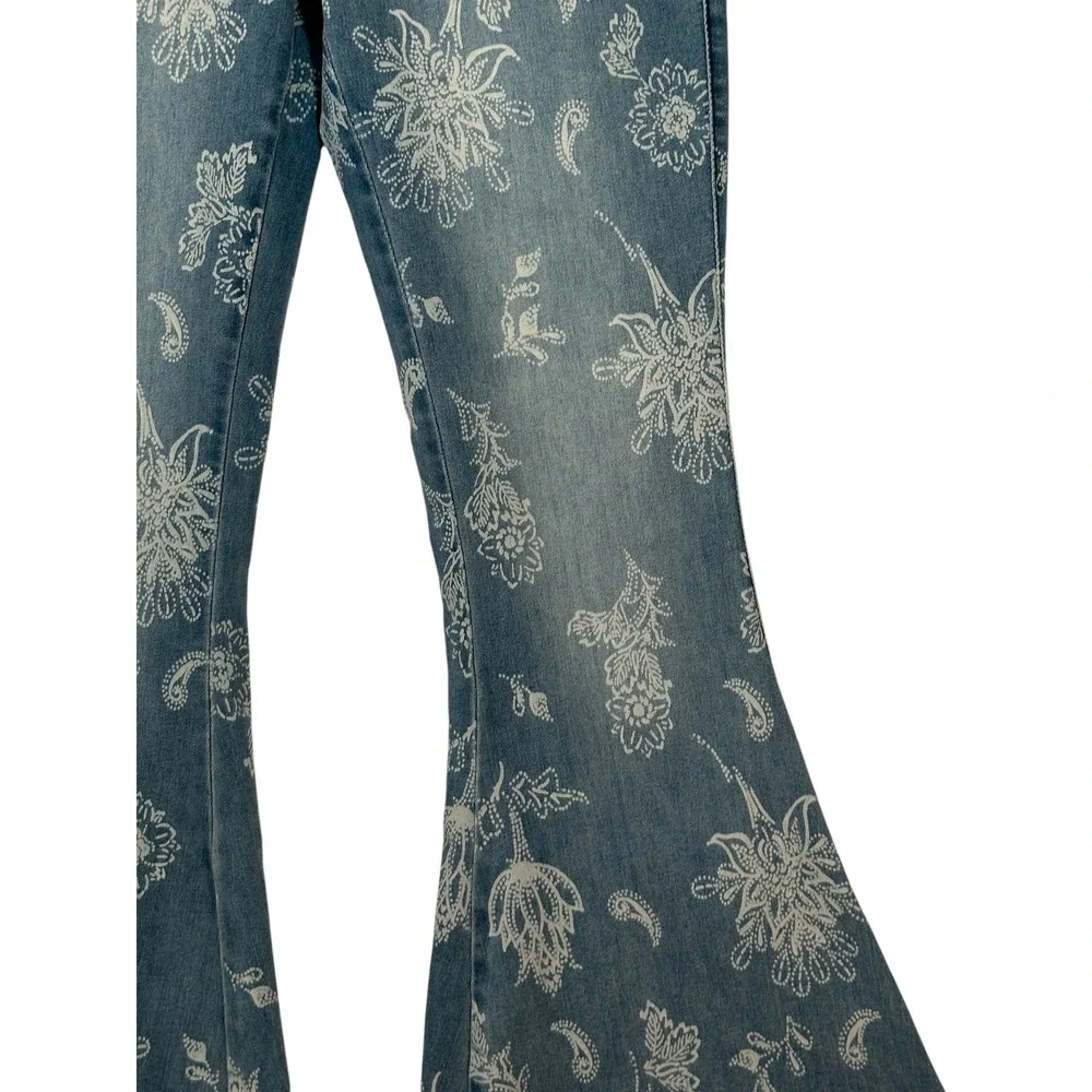 Free People Just Float On Printed Flare Jeans Floral Paisley Blue 29 Raw Hem